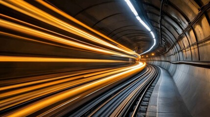 Obraz premium A long-exposure view of a fast-moving train in a curved tunnel at night, showcasing vibrant light trails and the motion of transit