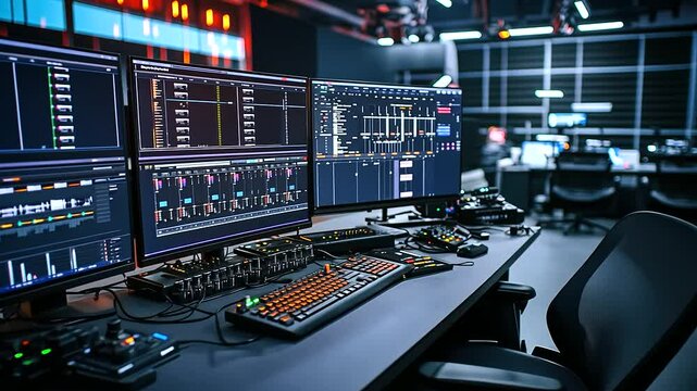 A professional video production studio with a grid of soft, warm lighting and high-end equipment