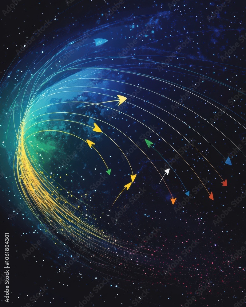 Poster Dynamic depiction of Earth's motion through space with colorful trajectory lines illustrating gravitational interactions