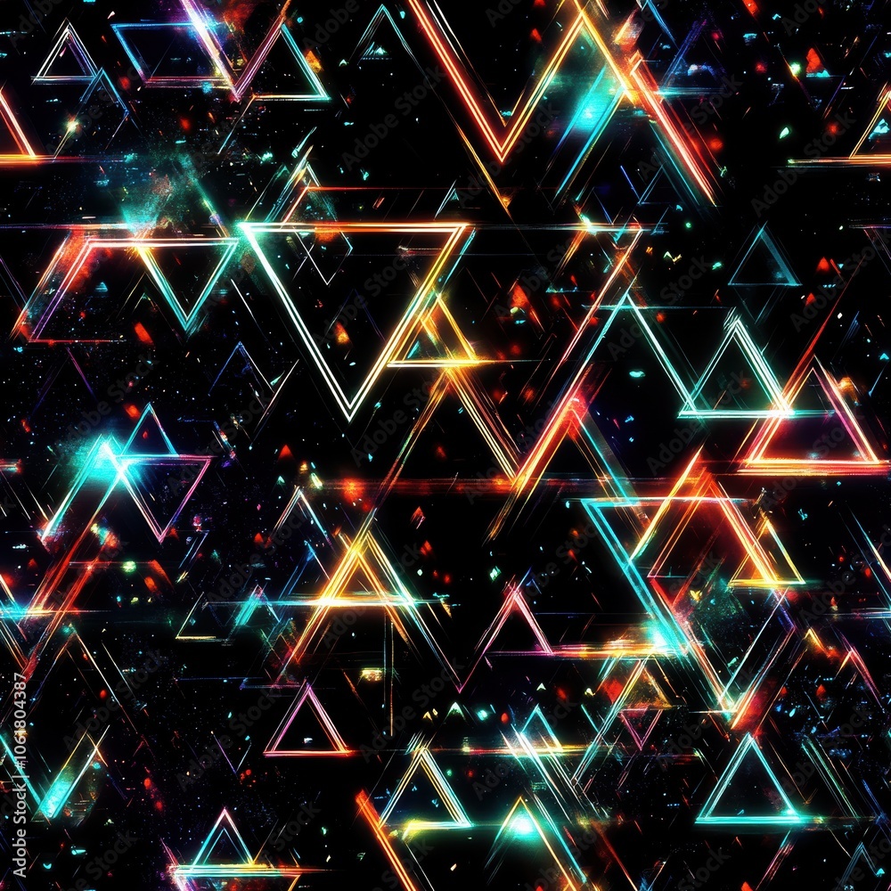 Poster futuristic glowing neon triangles create a vibrant pattern resembling an abstract digital art instal
