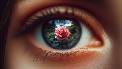 Reflection of the rose in the eyes of a girl