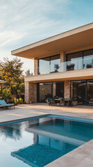 Fototapeta premium Modern, luxurious villa with a large swimming pool reflecting the sky and a beautiful garden