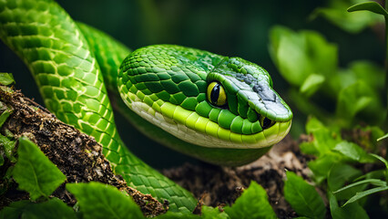 A green snake is on a leafy branch