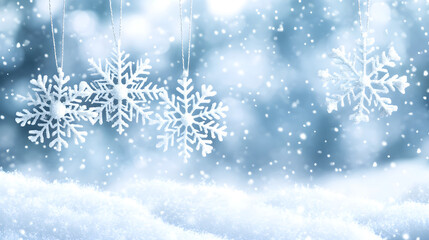 Winter card with white frosty snowflake on blue bokeh background. Magical macro snow backdrop. Holiday celebration greeting card for Christmas New Year. Xmas banner. Winter season concept.