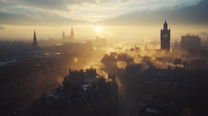 Fototapeta premium Aerial view of a city skyline at dawn with fog and historic landmarks under a dramatic sky