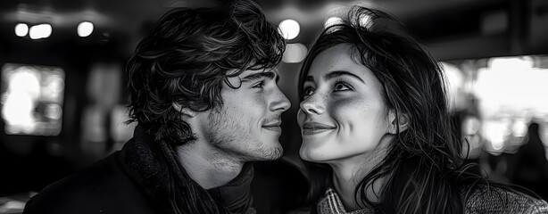 Fototapeta premium Black and white image of a young couple engaged in marriage.