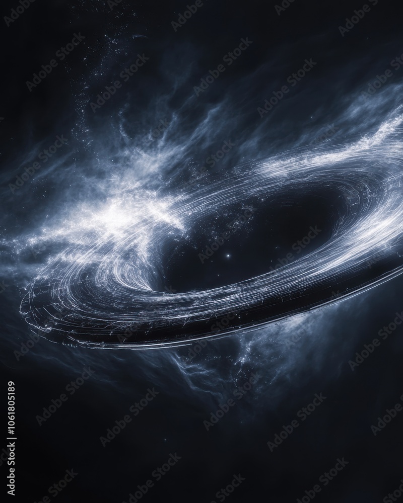 Poster a mesmerizing double exposure showcasing a black hole surrounded by cosmic phenomena and swirling ga