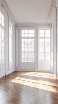 Spacious and bright haussmann apartment with large windows and herringbone parquet flooring bathed in sunlight