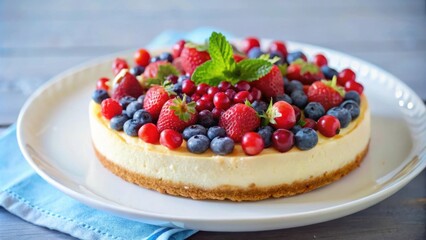 Creamy cheesecake topped with a vibrant medley of fresh blueberries, strawberries, and cranberries, a delightful dessert for any occasion
