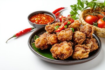 Plate of fried chicken with a dipping sauce and a bowl of tomatoes. The plate is on a white background