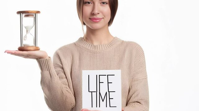 Woman holding hourglass and lifetime sign symbolizing average life expectancy