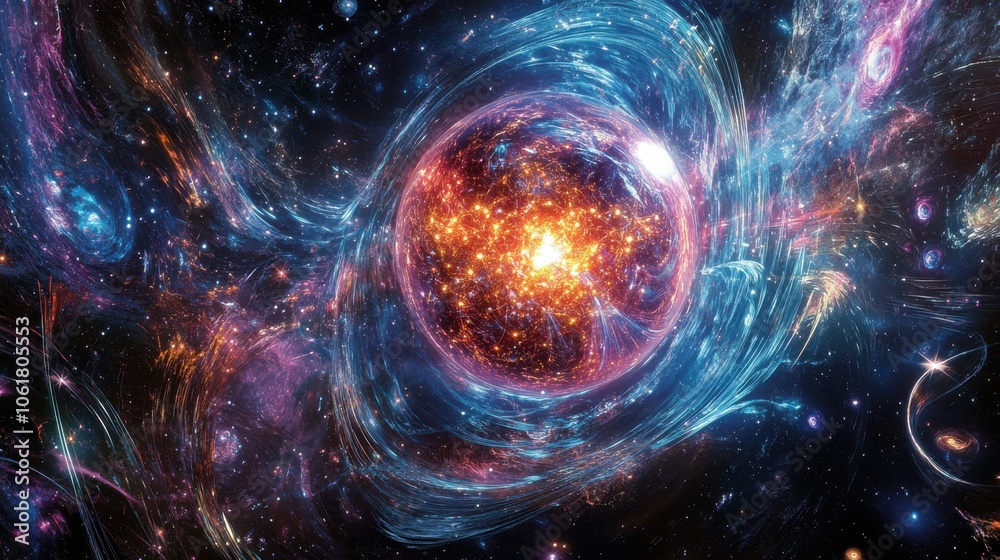 Aufkleber Conceptual illustration of the Higgs boson revealing its interaction with particles in a dynamic cosmic environment