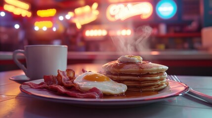 A cozy morning at a classic American diner with a plate of pancakes, bacon, and a fried egg ready to enjoy