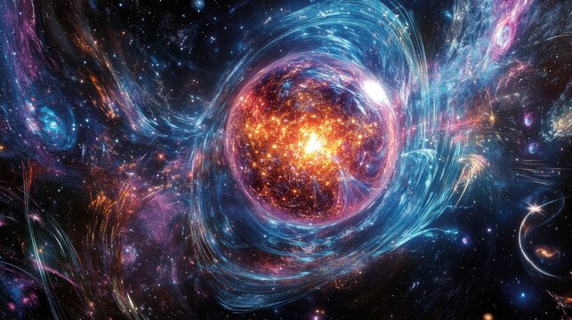 Conceptual illustration of the Higgs boson revealing its interaction with particles in a dynamic cosmic environment