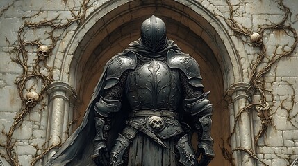 Obraz premium Towering Armored Knight Beneath Gothic Archway with Skeletal Decor