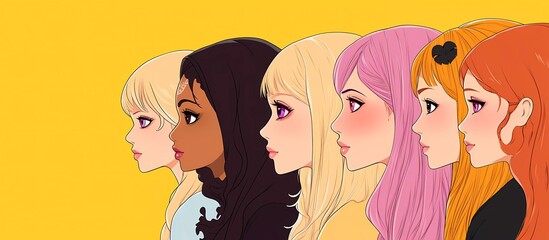 A flat vector illustration of women from different cultures and ethnicities, all standing next to each other in profile on a yellow background