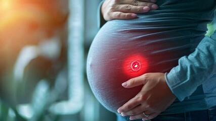 Pregnant woman with cybernetic implant illuminating under skin in futuristic concept