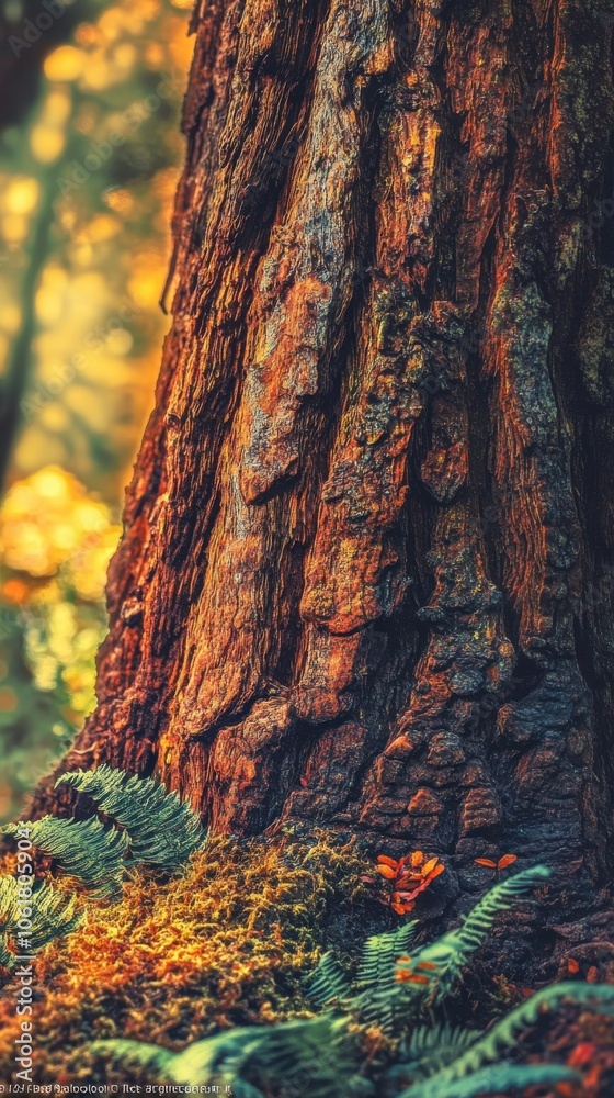 Poster close-up of the textured bark of a giant tree illuminated by soft sunlight in an enchanting forest