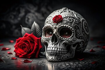 Romantic Fantasy Night Photography of Sugar Skull and Red Rose on Dark Background - Black and White Aesthetic