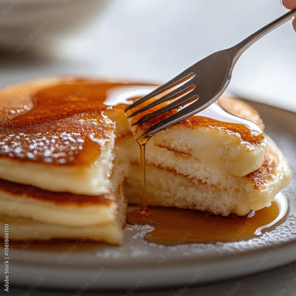 Poster A close-up view of fluffy pancakes being sliced with a fork, dripping with warm syrup on a cozy breakfast table