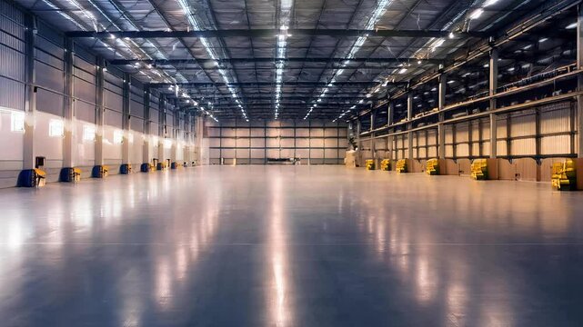 Empty warehouse with loading docks and metal roof structure