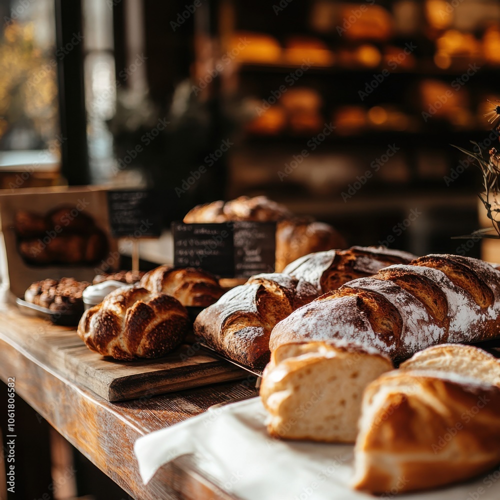 Poster Close-up of an assortment of fresh bread and pastries on display in a charming bakery filled with warmth and inviting aromas