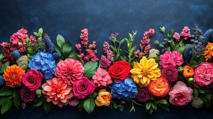 Colorful Flower Arrangement on a Dark Blue Background