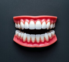 Obraz premium A vibrant, realistic dental model showcasing full upper and lower human teeth, set against a dark background.