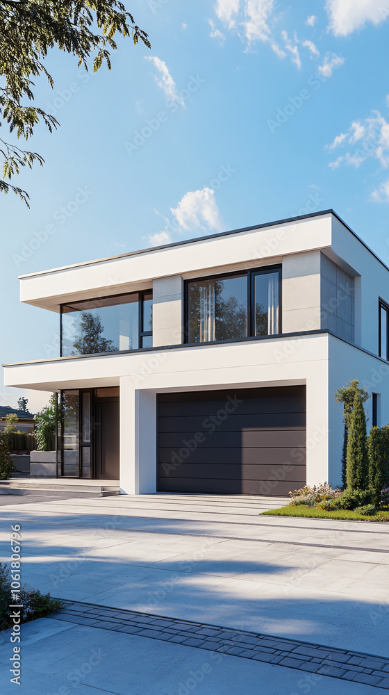 Poster modern minimalist house with large windows and a large garage overlooking a paved street