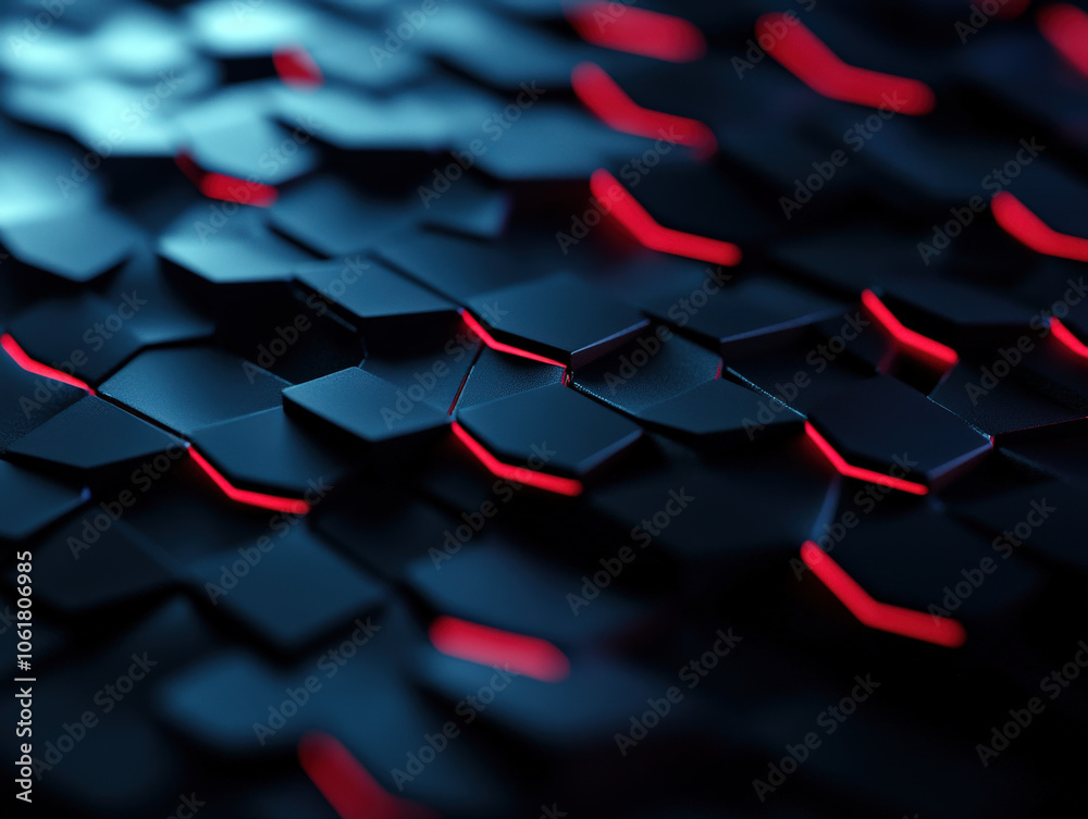 Leinwandbilder A close-up view of a textured surface featuring hexagonal shapes with glowing red lines, creating a futuristic and dynamic aesthetic.