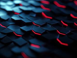 A close-up view of a textured surface featuring hexagonal shapes with glowing red lines, creating a futuristic and dynamic aesthetic.