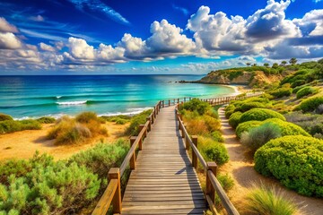 Fototapeta premium Scenic Boardwalk by the Beach in Rethymnon, Crete with Vibrant Blue Waters and Lush Surroundings, Perfect for Relaxation and Exploration in the Greek Islands