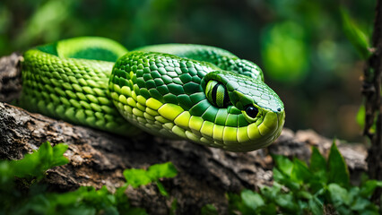 Obraz premium A green snake is on a log