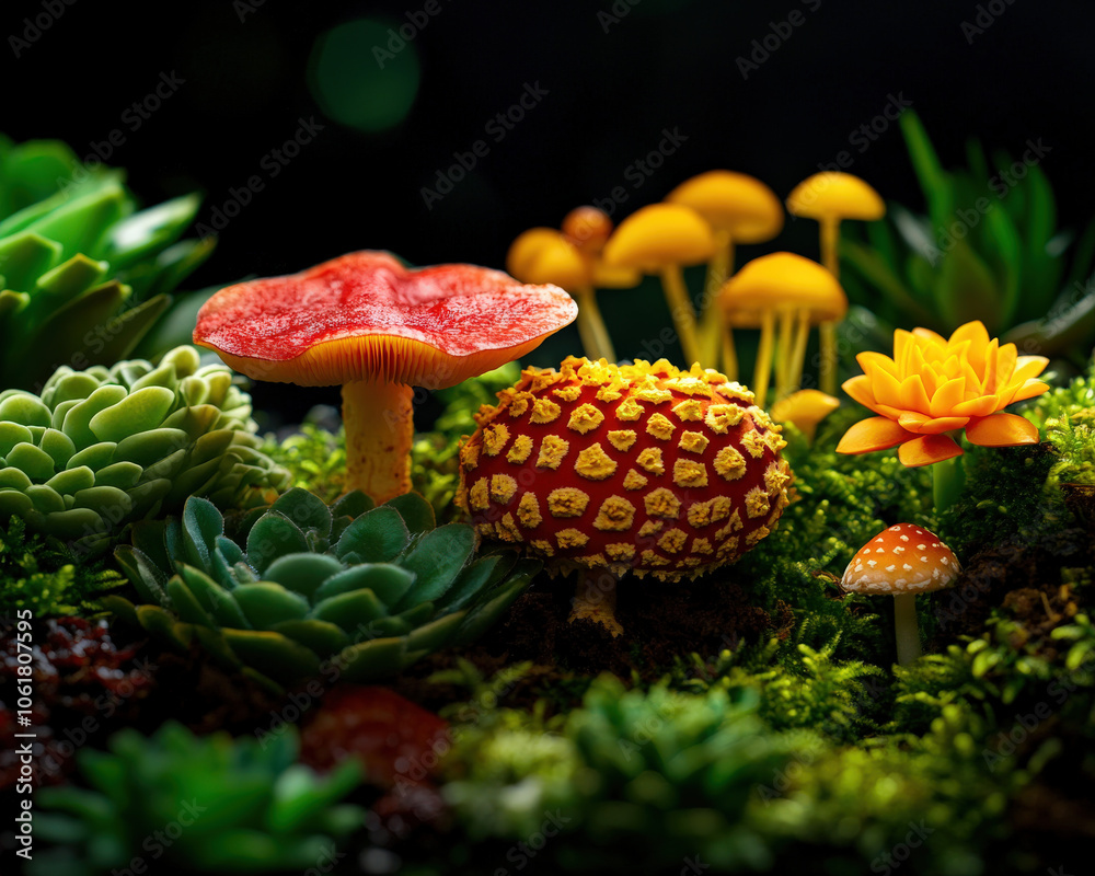 Poster a vibrant display of various mushrooms and succulent plants, showcasing a rich tapestry of colors an