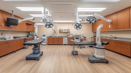A modern operating room with two surgical tables, two surgical lights, and medical equipment.