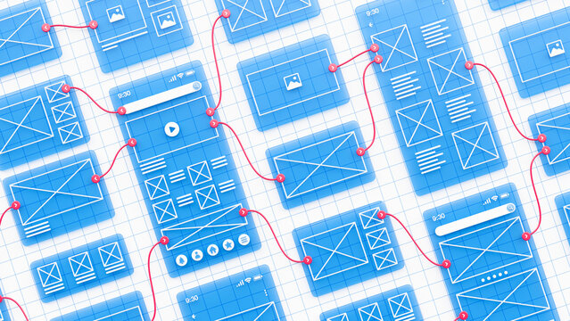 UX UI flowchart connection node graphic designer creative planning application process development data prototype wireframe for web mobile icon phone . User experience concept. 3d rendering.