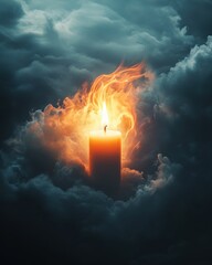 Fototapeta premium Cinematic double exposure revealing a vibrant candle flame surrounded by dramatic swirling clouds at dusk