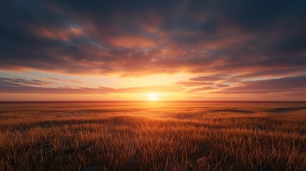 Fototapeta premium A stunning sunset casts warm hues over a vast, grassy landscape, creating a serene and picturesque scene.