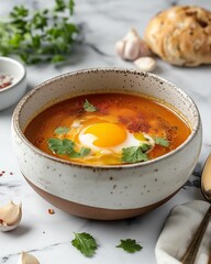  Spicy açorda with poached egg in red broth
