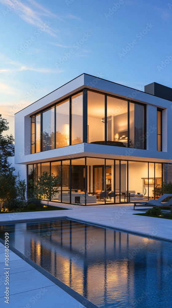 Poster modern house with minimalist design is reflected in a shimmering pool at sunset, exuding contemporar