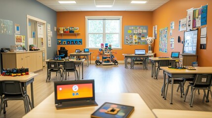 Brightly lit classroom with learning stations and technology for students engaged in hands-on activities