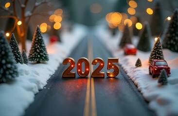 Festive road scene with illuminated numbers representing the year 2025. 
