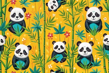 Fototapeta premium Seamless Pattern with Silhouette of Pandas, Bamboo, Nature, Wildlife, Black and White, Cute Animal Prints, Decorative Design, Textiles, Crafts, Children's Room Decor, Eco-Friendly Style