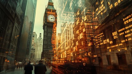 A striking double exposure composition of a clock tower surrounded by bustling city life and...