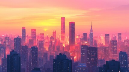 Obraz premium A vibrant city skyline at dusk showcasing tall skyscrapers illuminated by sunset hues