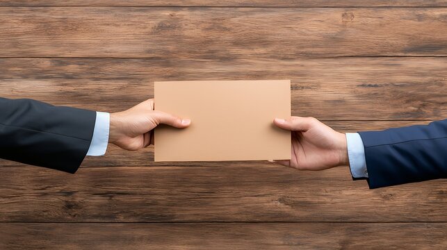 Two businesspeople exchanging a blank envelope against a wooden background.