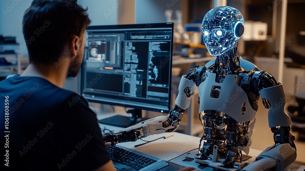 Poster A man in a lab setting works at a computer next to a humanoid robot with a glowing blue head.