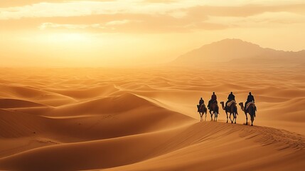A group of travelers riding camels across vast, golden sand dunes in the desert.