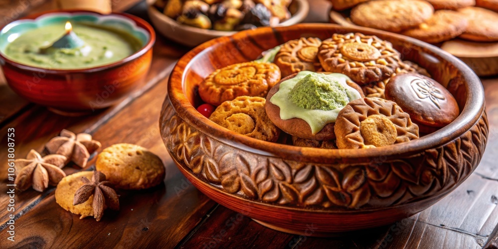 Poster a rustic wooden bowl filled with assorted cookies, featuring a cookie with green icing and a delicat