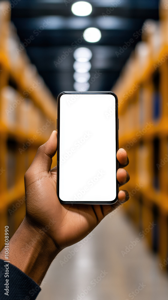 Aufkleber a hand holds a smartphone displaying a blank screen, set against a backdrop of a warehouse filled wi